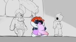 anthro belly big_penis brawl_stars buzz_(brawl_stars) chubby_male dripping dripping_cum dripping_penis ginger ginger_hair half-dressed half_naked male_anthro male_focus male_only open_jacket penis_focus pink_body pink_skin pochiiwa poco_(brawl_stars) short_male shortstack simple_background stu_(brawl_stars) sunglasses supercell tongue_out