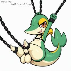 1:1 ai_generated animal_genitalia anthro balls bondage bondage bound chained chains cock_ring cuff_(restraint) english_text erection feral foreskin generation_5_pokemon genitals green_body harness hellsonger hi_res humanoid_genitalia humanoid_penis looking_at_viewer male nintendo non-mammal_balls open_mouth penis penis_accessory penis_jewelry pokemon pokemon_(species) reptile restraints scalie shackles simple_background smile snivy solo spread_legs submissive submissive_male suspension white_background