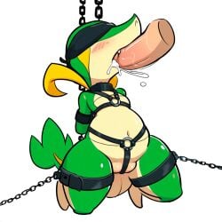 1:1 ai_generated anthro balls blindfold blush bodily_fluids bondage bondage bondage_gear bound chained chains collar cuff_(restraint) cum cum_in_mouth cum_inside disembodied_penis duo erection fellatio female generation_5_pokemon genital_fluids genitals green_body harness hellsonger hi_res male male/female male_penetrating mammal nintendo oral oral_penetration penetration penile penis pokemon pokemon_(species) reptile restraints saliva scalie sex shackles simple_background snivy solo_focus submissive white_background