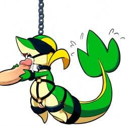 1:1 ai_generated anthro blindfold bodily_fluids bondage bondage bondage_gear bound chains collar cum cum_in_mouth cum_inside cumshot_in_mouth disembodied_penis duo erection fellatio female feral generation_5_pokemon genital_fluids genitals green_body harness hellsonger hi_res human humanoid_genitalia humanoid_penis male male/female nintendo open_mouth oral penile penis pokemon pokemon_(species) pussy reptile restraints scalie sex simple_background snivy solo_focus suspension tongue white_background