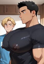 2boys abs ai_art ai_generated ao_isami bara bara_tits beard_stubble big_pecs big_pectorals black_hair black_hair_male blonde_hair blonde_hair_male blush cwhk facial_hair gay gay_male girl_staring_at_guy's_chest huge_pecs huge_pectorals large_pecs large_pectorals lewis_smith light-skinned_male light_skin light_skinned_male male male_only man_boobs man_tits meme multiple_boys multiple_males muscular muscular_male nipple_bulge nipples nipples_visible_through_clothing pecs pecs_bigger_than_head pectorals staring staring_at_chest staring_at_pecs stubble sweatdrop tan-skinned_male tan_skin tan_skinned_male tight_clothes tight_clothing tight_shirt yuuki_bakuhatsu_bang_bravern