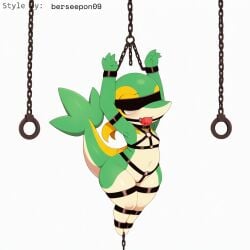 1:1 ai_generated anthro ball_gag blindfold bondage bondage bondage_gear bound chained chains collar cuff_(restraint) female flat_chested gag gagged generation_5_pokemon green_body harness hellsonger hi_res metal_cuffs nintendo pokemon pokemon_(species) reptile restraints scalie shackles simple_background snivy solo submissive submissive_female suspension suspension_bondage white_background