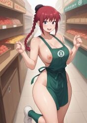 ai_generated apron apron_only areola areola_slip areolae big_breasts big_breasts big_breasts braid braided_hair braided_ponytail breasts breasts breasts busty busty_female child_bearing_hips cleavage explicit fanart female female_focus female_only green_apron green_socks happy headwear hips jorgecarlosai long_hair lu_shaotang market naked naked_apron naked_female nipple_slip nipples nsfw nude nude_female public public_exposure public_indecency public_nudity purple_eyes red_hair sakamoto_days sexy shoes single_braid smile store supermarket thighs watermark white_shoes wide_hips wide_thighs