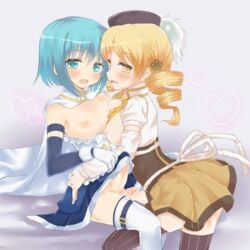 arm_warmers armband beret blonde_hair blue_eyes blue_hair blush breasts cape corset drill_hair futanari gloves hat human intersex magical_girl mahou_shoujo_madoka_magica miki_sayaka misfit_funny nipples penis short_hair skirt thighhighs tomoe_mami twin_drills yellow_eyes zettai_ryouiki