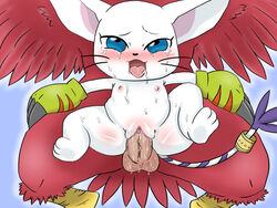 ahe_gao aquilamon avian bird blue_eyes censored claws clothing digimon drooling falcon feathers feline female fucked_silly fur gatomon gloves long_tail male mammal nipples penetration penis pussy red_feathers saliva sex solo_focus straight sweat tears vaginal_penetration whiskers white_fur young