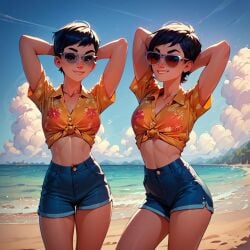 1girls ai_generated beach beach_background carmen_sandiego_(2019) carmen_sandiego_(franchise) cleavage female female female_focus female_only front_tie_top glasses hawaiian_shirt julia_argent julia_argent_(carmen_sandiego) looking_at_viewer ocean outdoors outside sand sea seaside shirt short_hair shorts smile smiling_at_viewer smirk sunglasses tied_shirt zupern0va_(manipper)