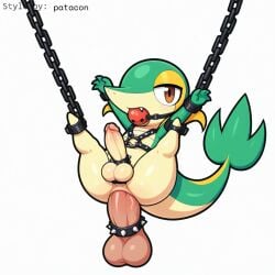 1:1 ai_generated anal anal_sex anthro anus ball_gag balls bondage bondage bound chains clothing cock_ring cuff_(restraint) erection gag gagged generation_5_pokemon genitals harness hellsonger hi_res humanoid_genitalia humanoid_penis jewelry male male_penetrated nintendo penetration penis penis_accessory penis_jewelry pokemon pokemon_(species) reptile restraints scalie simple_background snivy solo submissive submissive_male suspension white_background