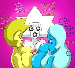 1boy 3girls big_breasts blue_diamond_(steven_universe) breast_press breasts_bigger_than_head cartoonfan402 giantess greg_universe larger_female size_difference smaller_male steven_universe white_diamond_(steven_universe) yellow_diamond_(steven_universe)