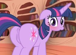 2025 absurd_res anus ass blush book cutie_mark digital_drawing_(artwork) digital_media_(artwork) drooped_ears equid equine female feral floppy_ears friendship_is_magic fur genitals hasbro hi_res horn horse library looking_at_viewer looking_back looking_back_at_viewer mammal maseru my_little_pony on_model pony presenting presenting_anus presenting_hindquarters presenting_pussy purple_body purple_eyes purple_fur pussy raised_tail solo tail twilight_sparkle_(mlp) wide_hips