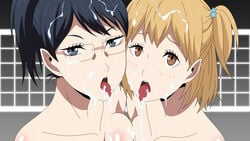 2girls after_oral black_hair blonde_hair blue_eyes blush breasts brown_eyes collarbone cum cum_in_mouth cum_on_breasts cum_on_hair cum_on_upper_body dark_blue_hair facial female female_only glasses haikyuu!! highres large_breasts looking_at_viewer medium_hair multiple_girls nude open_mouth oral ponytail pov shimizu_kiyoko side_ponytail simple_background tied_hair tongue tongue_out upper_body volleyball volleyball_net yachi_hitoka