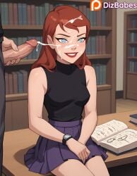 ai_generated barbara_gordon batgirl blue_eyes cum cum_on_face dc_comics dcau dizbabes facial female library male_masturbation public purple_skirt red_hair sleeveless_shirt smile stable_diffusion