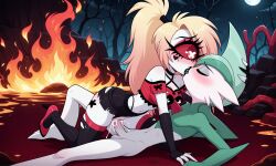 ai_generated belly_button big_eye big_eyelashes black_lips black_lipstick blonde_hair burn cartoony cherri_bomb cherri_bomb_(hazbin_hotel) coral_pink_hair cowgirl_position cyclops demon demon_girl devil_girl fangs female fire flame freckles gallade hazbin_hotel heels hot hot_kiss kissing kissing_while_penetrated male male/female male_pokemon moon multicolored_hair night nintendo pale_skin penis penis_in_pussy pokemon pokemon_(species) pokephilia ponytail pussy red_eyes sharp_teeth short_skirt torch torn_clothes trees vaginal_penetration white_skin x_eyes