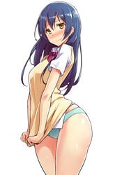 aqua_panties blonde_hair blue_hair blush cowboy_shot female female_only full-face_blush highres human kekemotsu long_hair looking_at_viewer love_live! love_live!_school_idol_project no_pants panties school_uniform short_sleeves simple_background solo sonoda_umi sweatdrop sweater_tug sweater_vest tears underwear white_background