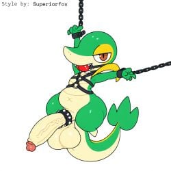 1:1 ai_generated anthro ball_gag balls big_balls big_penis bondage bondage bound chained chains cock_ring collar cuff_(restraint) erection gag gagged generation_5_pokemon genitals harness hellsonger hi_res huge_cock humanoid_genitalia humanoid_penis jewelry looking_at_viewer male nintendo penis penis_accessory penis_jewelry pokemon pokemon_(species) reptile restraints scalie simple_background snivy solo submissive suspension vein veiny_penis white_background