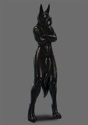 1boy 2015 4_toes anthro anubian_jackal black_body canine crossed_arms diphallia diphallism gas_mask jackal latex_(artist) lenses long_legs male male_only mammal multi_penis nude penis penis_tentacles rubber shiny solo symbiote tentacle toes wawik