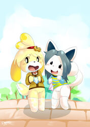 2girls animal_crossing blush bottomless canid canine canis casual_exposure casual_nudity clyndemoon crossover duo female female_only footwear fur furry furry_only half-dressed isabelle_(animal_crossing) looking_at_viewer nintendo open_mouth panties partially_clothed pussy semi-anthro standing tail temmie temmie_(undertale) thighhighs topwear undertale underwear