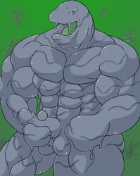 1boy abs anthro balls biceps big_muscles erection male male_only manly muk muscular muscular_male nintendo nude open_mouth pecs penis pokemon simple_background slime solo tongue video_games