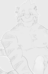 barazoku belly ear_piercing feline justin_(ieaden) male male_focus male_only mammal nude o-ro original original_character penis piercing sketch smile tiger