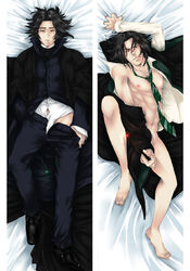 1boy abs black_hair blush body_pillow coat erect_nipples harry_potter legs_apart long_coat looking_at_viewer male_only mostly_nude muscles open_robe pants_down pecs pillow_grab robes school_uniform severus_snape short_hair slytherin_tie teacher twinkification undressing wand wizard