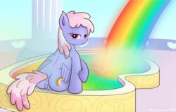 2015 anus ass bedroom_eyes bluemeganium cutie_mark equine female feral friendship_is_magic half-closed_eyes looking_at_viewer looking_back mammal my_little_pony pegasus pussy rainbow rainbowshine_(mlp) seductive sitting sky smile solo wings