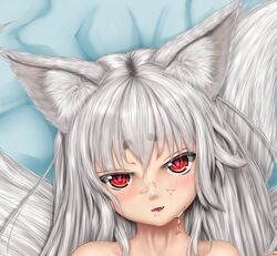 animal_ears blush bukkake cum facial fangs female fox_ears fox_tail long_hair looking_at_viewer lying multiple_tails nude on_back open_mouth original red_eyes silver_hair solo tail tenyoshi_(briansept) very_long_hair