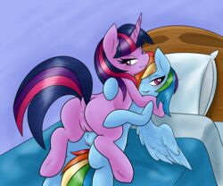 2015 ambris anus ass bed bedroom_eyes blue_fur blush dock duo equine female feral friendship_is_magic fur hair half-closed_eyes horn mammal multicolored_hair my_little_pony pegasus pink_eyes purple_eyes purple_fur pussy rainbow_dash_(mlp) rainbow_hair seductive twilight_sparkle_(mlp) unicorn wings yuri