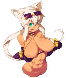 abs animal_ears areolae bare_shoulders blonde_hair breasts cat_ears cat_tail dark-skinned_female dark_skin elbow_gloves female gloves green_eyes inverted_nipples kaiten_muten-maru large_breasts long_hair looking_at_viewer metata muscle nipples puffy_nipples shamu_meruruusa smile solo sunglasses sunglasses_on_head tail toned tongue tongue_out undressing upper_body