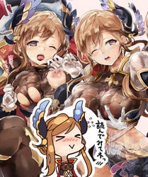 bodysuit breasts brown_hair granblue_fantasy himuro_(dobu_no_hotori) nipples one_eye_closed purple_eyes song_(granblue_fantasy) torn_bodysuit torn_clothes