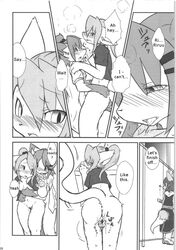 all_fours anthro ass blush breasts clothed clothing comic crossdressing dialogue doggy_style doujinshi duo english_text feline female from_behind fur hair lala male mammal monochrome nipples open_mouth saliva seishun_18kin_kippu4 sex simple_background sweat tears text