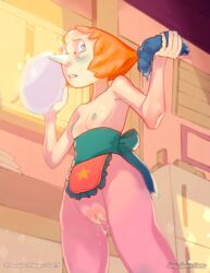 apron blush breasts cinnabarbie embarrassed female female_only gem_(species) looking_at_viewer nipples pearl_(steven_universe) pussy pussy_juice red_hair solo steven_universe