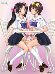 2futas black_hair blush brown_hair censored chair cum cum_on_penis dickgirl drink ejaculation footwear frottage futa_on_futa futanari glass handsfree_ejaculation intersex jinjin kneehighs legwear long_hair multiple_girls no_panties penis penises_touching ribbon school_uniform schoolgirl serafuku shoes short_hair sitting skirt socks straw table testicles tied_hair twintails