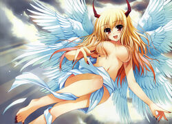 1girls angel_wings barefoot blonde_hair blush breasts censored claws convenient_censoring copyright_request feet female female_only fingernails flying hair_over_breasts hands highres horns long_fingernails long_hair long_toenails multi_wing nail nail_polish nails red_eyes seraph sky smile solo toenail_polish toenails toes tomose_shunsaku topless wings