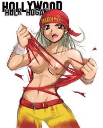 bandana belt breasts brown_eyes character_name clothes color female female_only front_view hair hulk_hogan human kaiga long_hair looking_at_viewer navel nipples open_eyes open_mouth pants round_ears rule_63 solo tearing_clothes tearing_off_own_clothes tearing_off_top torn_clothes uncensored white_background wwe