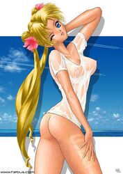 1990s 1997 20th_century ass bishoujo_senshi_sailor_moon blonde_hair blue_eyes clothing dated erect_nipples erect_nipples_under_clothes flower satoshi_igarashi see-through see-through_clothing small_breasts smile smooth_skin usagi_tsukino wet wink