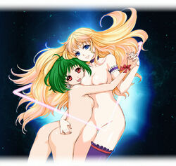 areola areolae ass asymmetrical_clothes blonde_hair blue_eyes breast_press breasts choker clothes female fukurokouji hair hand_holding holding_hands long_hair macross macross_frontier medium_breasts multiple_girls nude one_thighhigh ranka_lee sheryl_nome short_hair single_thighhigh small_breasts stockings thighhighs uncensored yuri