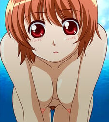 1girls blush breasts female kashimashi nipples nude nude_filter ocean osaragi_hazumu photoshop pubic_hair red_eyes red_hair solo uncensored