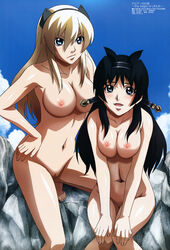 2girls black_hair blonde_hair druaga_no_tou fatina high_resolution kaaya large_breasts multiple_girls nude_filter photoshop pointy_chin pussy uncensored