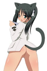 1girls animal_ears ass blush bottomless cat_ears clothing cute_fang female francesca_lucchini humanoid no_panties panties pussy shishimaru_ken'ya strike_witches tail tied_hair twintails uncensored