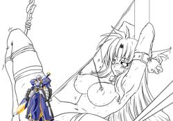 1girls blush bondage breasts censored character_censor fate_testarossa frogtie linked_nipples linked_piercing lyrical_nanoha mahou_shoujo_lyrical_nanoha mahou_shoujo_lyrical_nanoha_strikers mecha monochrome nipple_piercing nipples novelty_censor nude partially_colored piercing predicament_bondage sketch tears thighhighs what