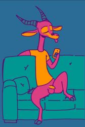 2019 antelope anthro balls blue_background bottomless bovid cellphone closed_eyes clothed clothing facial_markings flaccid fuel_(artist) fuel_(character) gazelle head_markings holding_cellphone holding_object horn male male_only mammal markings penis phone restricted_palette simple_background sitting sofa solo tongue tongue_out