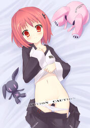 1girls blush censored copyright_request highres mk_(masatusaboten) panties red_hair short_hair skirt stuffed_animal stuffed_toy tagme underwear