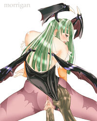 anus capcom censored clothed_sex clothing darkstalkers demon_girl girl_on_top long_hair morihama_karute morrigan_aensland pantyhose sex succubus torn_clothes torn_pantyhose vaginal_penetration