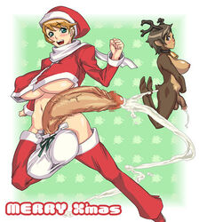 2futas antlers bag bell_collar blonde_hair blush breasts brown_eyes brown_hair censored christmas clothes collar cum dark_skin furry futa_only futanari green_eyes hair horns huge_balls huge_breasts huge_cock huge_testicles lowres mrchamon navel nipples no_bra no_panties nude open_mouth penis pointy_ears reindeer resize santa_costume santa_hat scarf short_hair smile standing tail teeth testicles text thighhighs usatarou veins veiny_penis