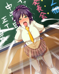 ass ass_grab bent_over blush breasts bukkake chalkboard cum cum_explosion cum_inside cumshot demonstration green_eyes group_sex huge_breasts large_breasts long_hair necktie open_mouth orgasm purple_hair school_uniform sex surprised yume_no_tanuki