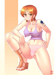 breasts cleavage erect_nipples feet female female_only grin hanaduka hanazuka_ryouji high_heels midriff nami one_piece orange_eyes orange_hair panties pink_panties pre-timeskip sandals shoes short_hair smile straight_hair underwear