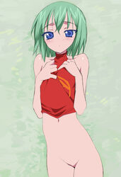 blush bottomless female flat_chest green_hair kusaka_souji lucky_star minami_iwasaki pussy short_hair sketch uncensored