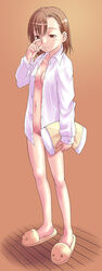 00s 1girls 2008 female female_only human itou_nobuhiro misaka_mikoto no_bra no_panties nude nude_female open_clothes open_shirt pillow pubic_hair shirt shirt_only short_hair slippers solo teenage_girl teenager to_aru_kagaku_no_railgun to_aru_majutsu_no_index white_shirt young