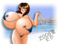 00s 1girls 2000s 2004 beach breasts brown_eyes brown_hair brown_nipples dark_nipples erect_nipples female gigantic_breasts nipples open_mouth photo_background rd small_nipples solo wardrobe_malfunction