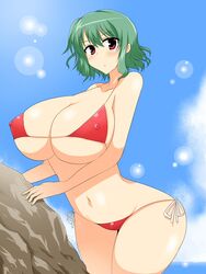 1girls 5_fingers alternate_breast_size ass bb big_breasts bikini blush breasts cleavage female female_focus female_only green_eyes highres huge_ass huge_breasts large_breasts navel nipples no_humans red_eyes short_hair solo solo_female solo_focus sunlight swimsuit team_shanghai_alice touhou wedge youkai yuka_kazami yuuka_kazami