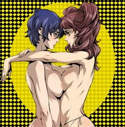 aqua_eyes areola armpits asymmetrical_docking blue_hair blush breast_press breasts brown_hair checkered eye_contact female g-string hair hug kujikawa_rise large_breasts lipstick looking_at_another makeup multiple_girls nude open_mouth persona persona_4 pink_hair shirogane_naoto short_hair short_twintails sideboob smile symmetrical_docking tied_hair topless twintails yamada_3 yuri